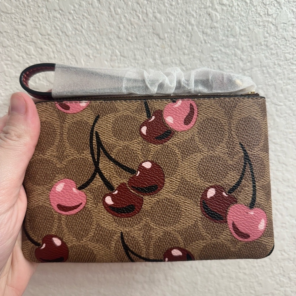 Coach Corner Zip Wristlet In Signature Canvas With Cherry Print - Picture 2 of 7